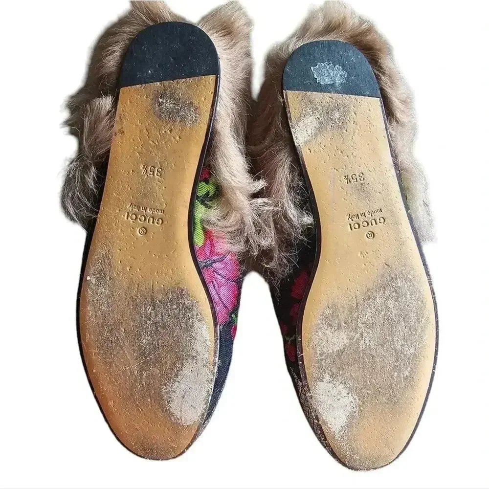 GUCCI Black Floral Brocade Jacquard FUR Princetown Slippers‎ Loafers Size 5.5 - Picture 10 of 13